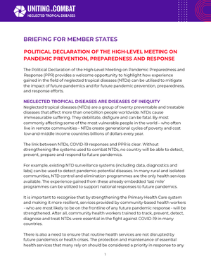 Screenshot of the front page of a technical document 'briefing for member states - NTDs and Pandemic PPR'