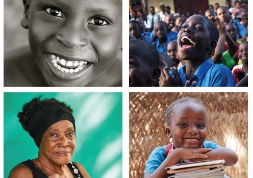 Four images of smiling people, mix of women and children