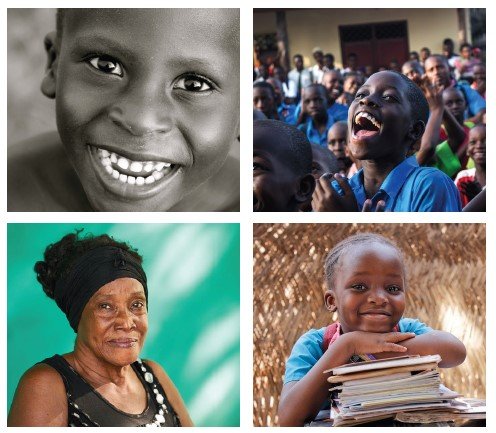 Four images of smiling people, mix of women and children