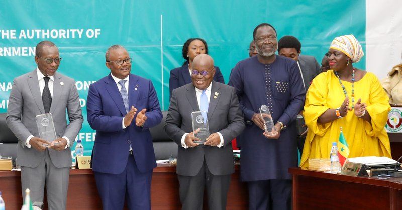 Thoko Elphick-Pooley stands with Presidents and leaders from ECOWAS holding their awards tackling NTDs