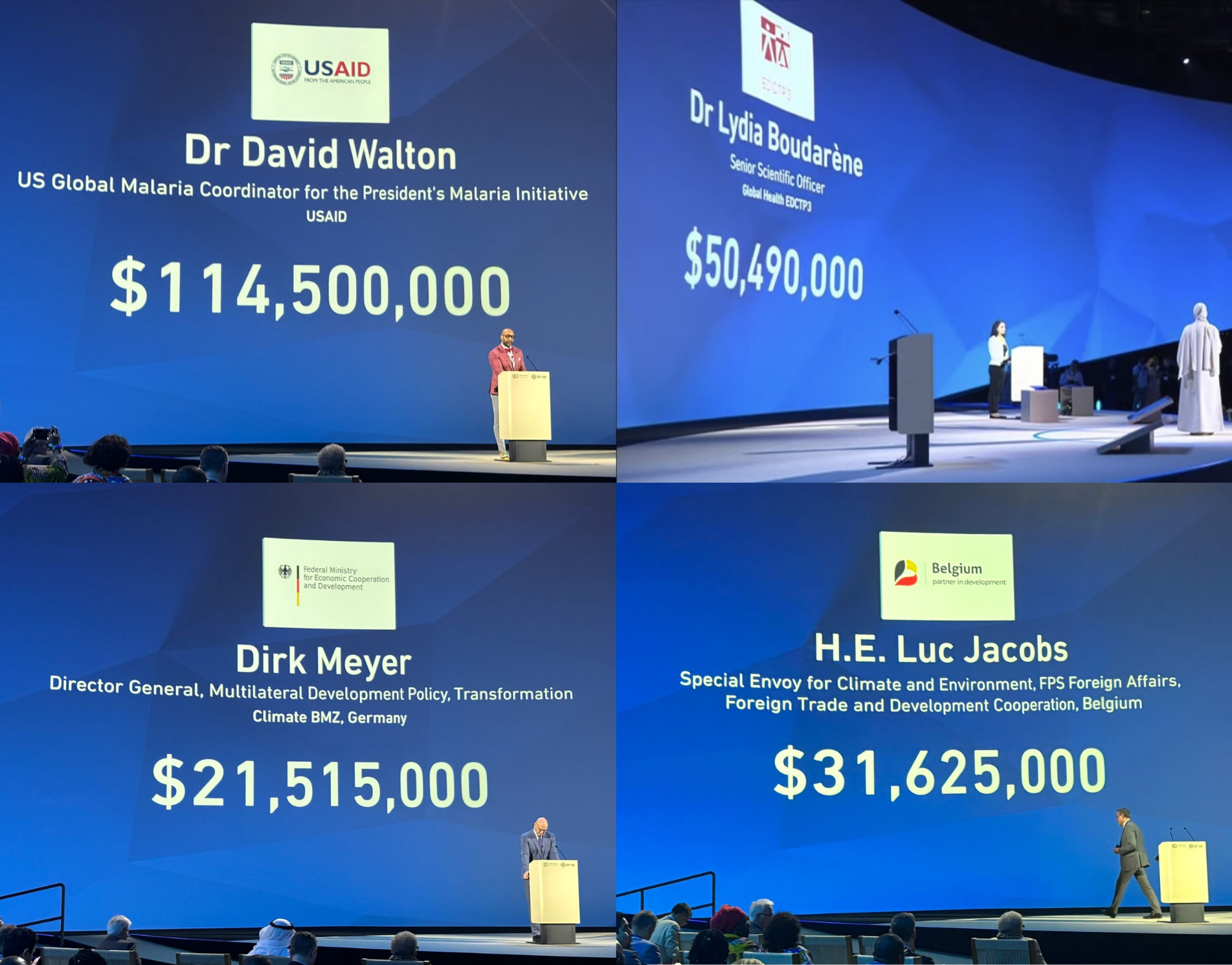 A collage of four commitments on stage at RLMF - Dr David Walton, USAID $114,500,000; Dr Lydia Boudarene, Global Health EDCTP3 $50,490,000; Dirk Meyer, BMZ, Germany $21,515,000; HE. Luc Jacobs, FTDC Belgium $31,625,000