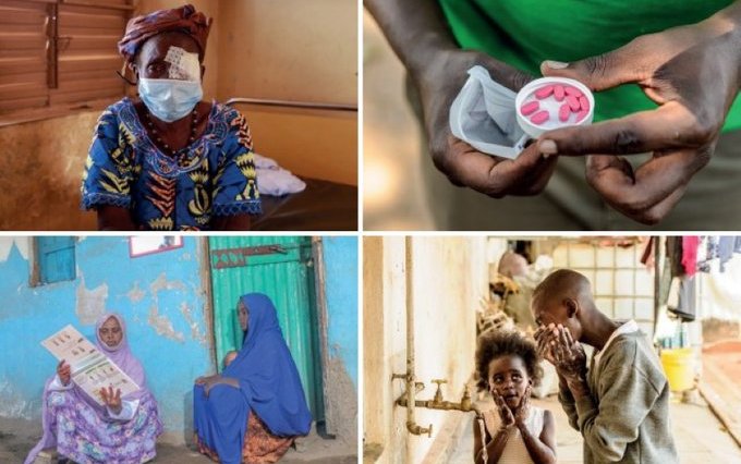 Collage of four images showing people with trachoma and medicine for trachoma
