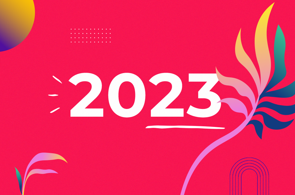 2023 written over a magenta background and palmleaves